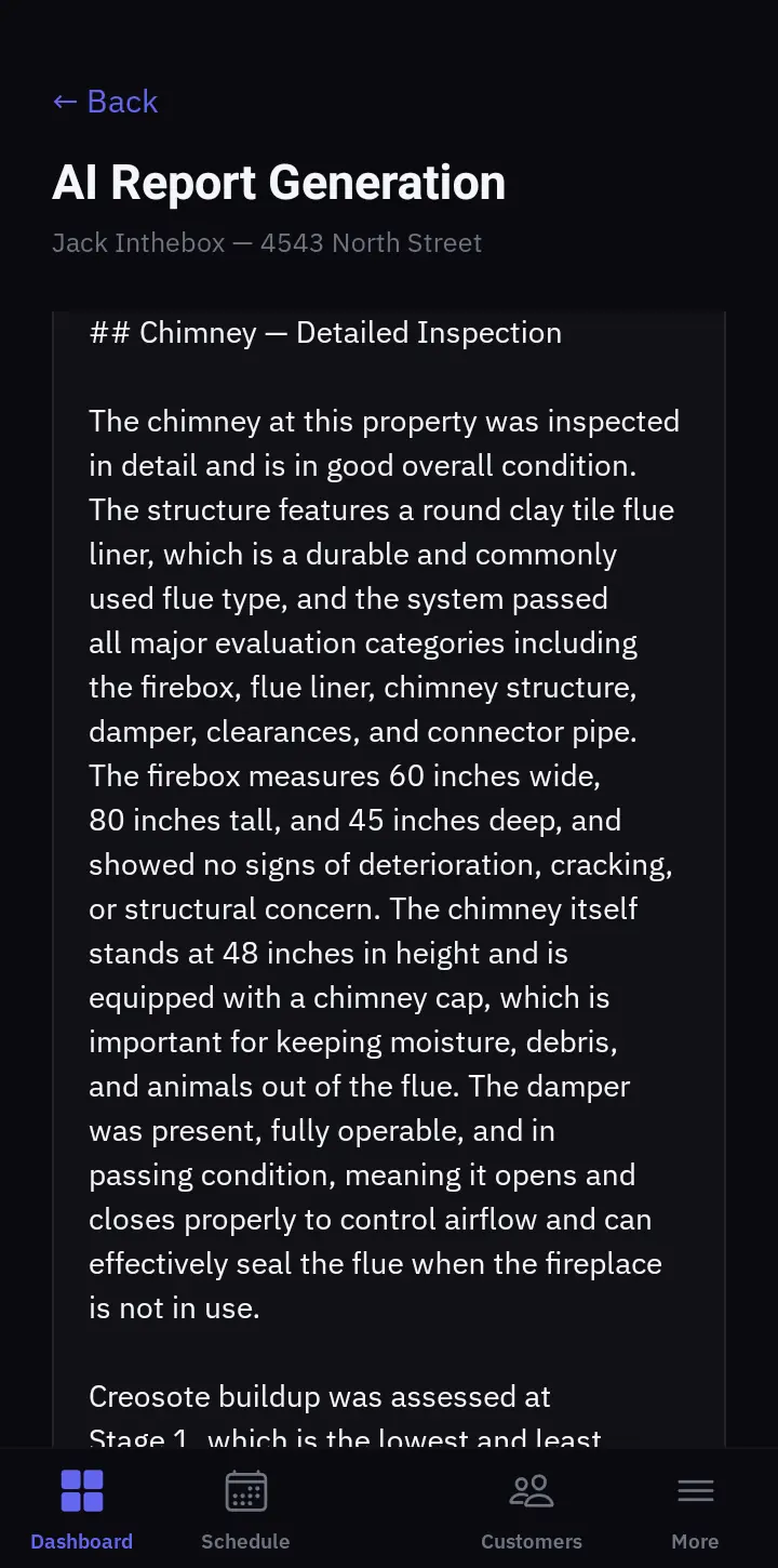 AI-written chimney inspection report in ProField