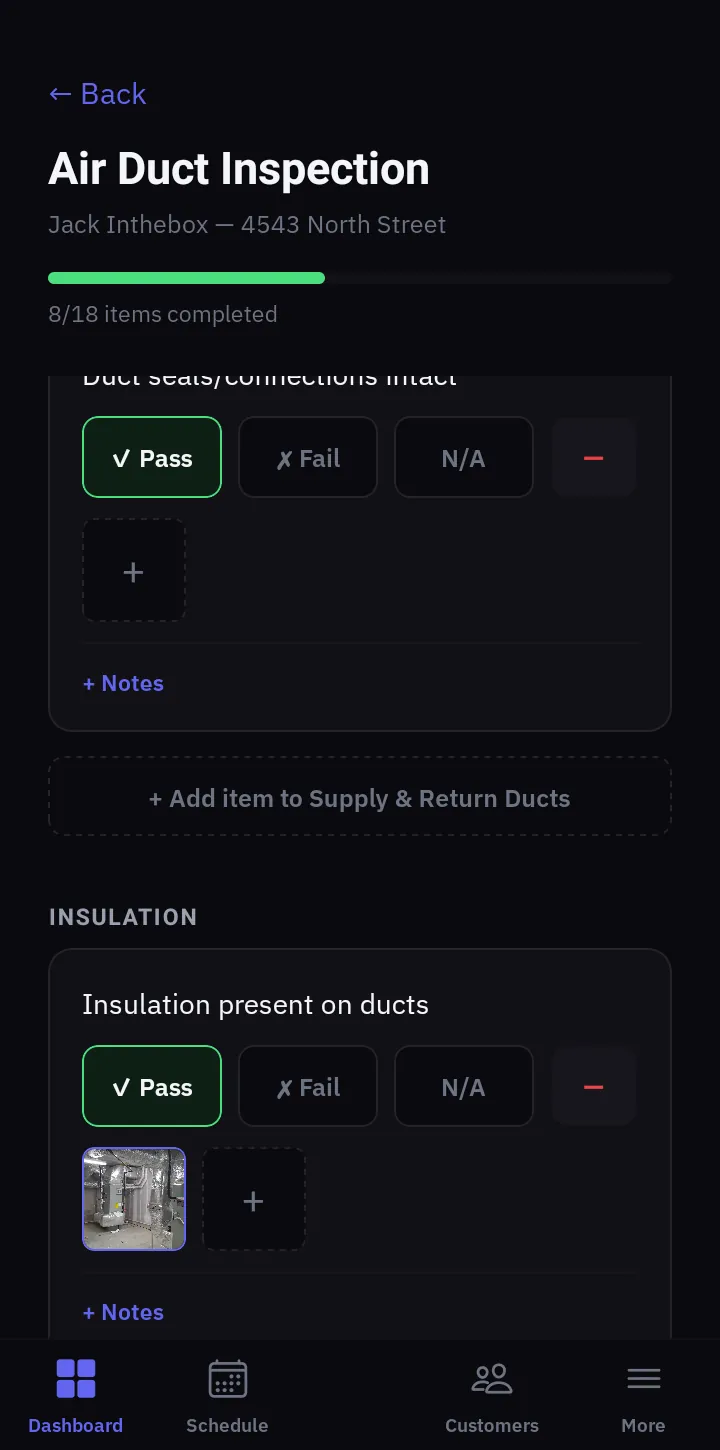ProField built-in checklist workflow shown on the air duct checklist — dryer vent uses the same structured Pass/Fail format