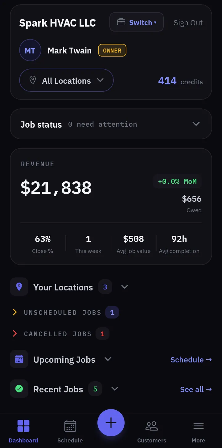 ProField business dashboard showing revenue and job stats