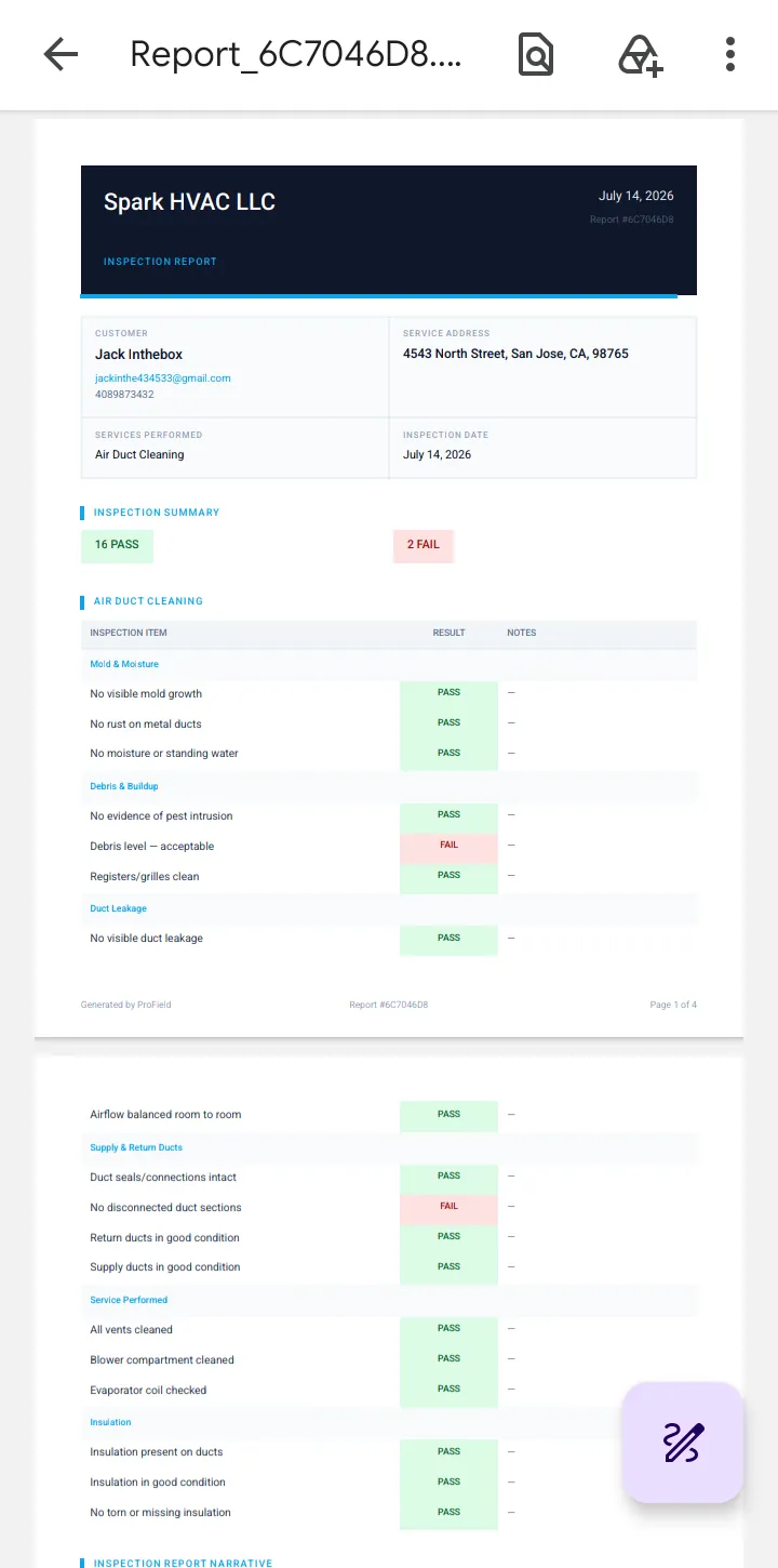 Branded PDF inspection report generated by ProField