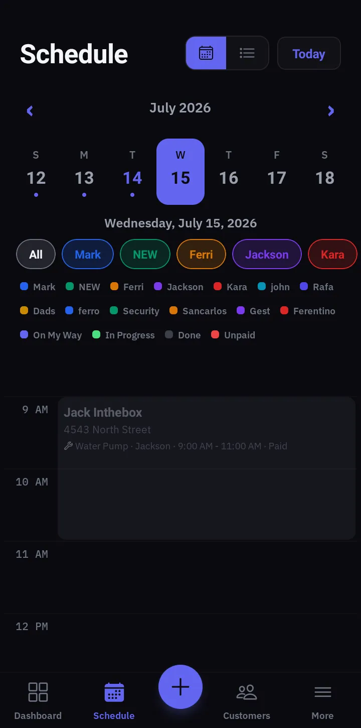 ProField schedule calendar color-coded by technician