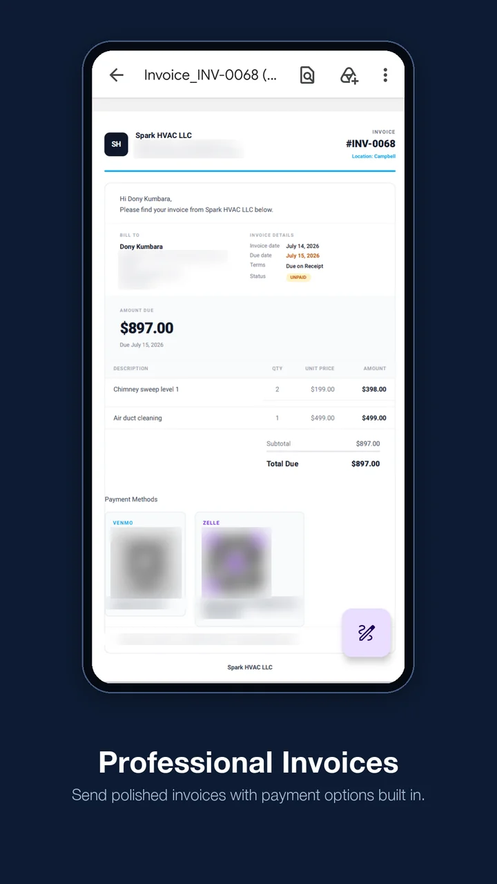 Professional invoices with payment options built in — ProField
