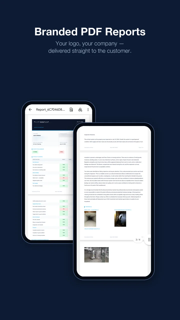 Branded PDF reports — your logo, your company, delivered straight to the customer — ProField