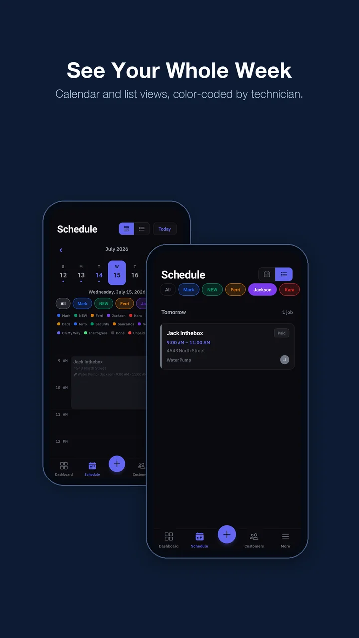 See your whole week — calendar and list views color-coded by technician — ProField